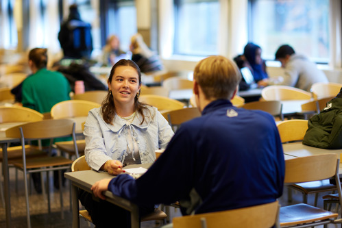 To unge snakker i en kantine